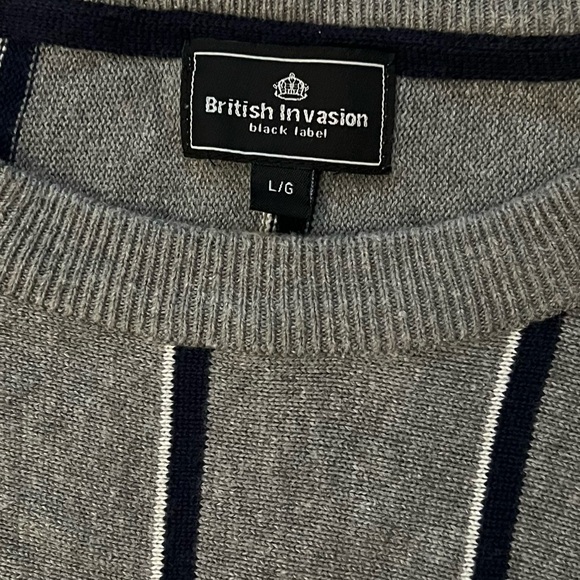 British Invasion Gray Striped Crew Neck Sweater - Picture 2 of 6